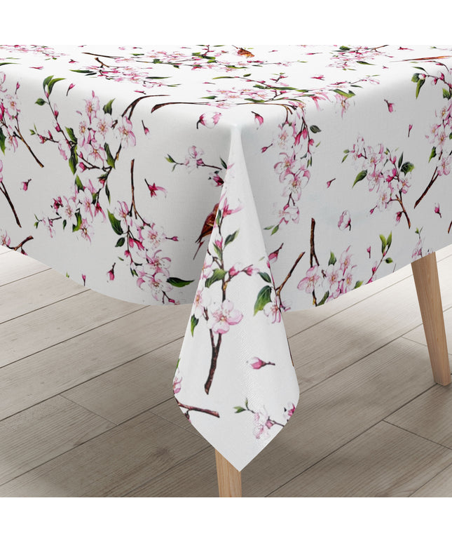 Wachstuch Tischdecke Kirschblüte Meise weiss