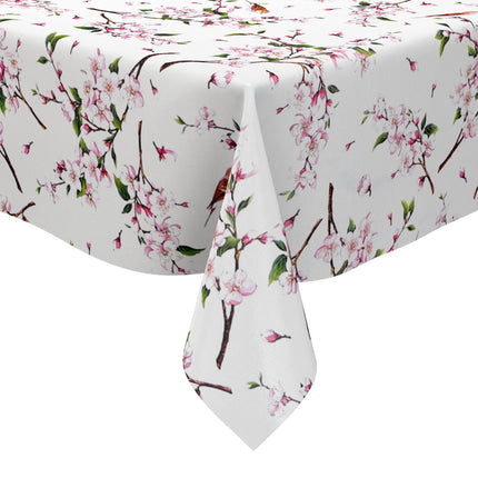 Wachstuch Tischdecke 160 cm Breite Übergröße B3888-01 Kirschblüten Meise auf weiss eckig rund oval