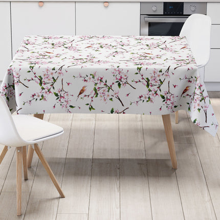 Wachstuch Tischdecke B3888-01 Kirschblüten Meise auf weiss - Größe & Form & Einfassung wählbar
