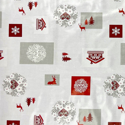 Wachstuch Tischdecke Weihnachten B4017-01 Rentier Schneeflocke rot grau - Größe, Form und Einfassung frei wählbar