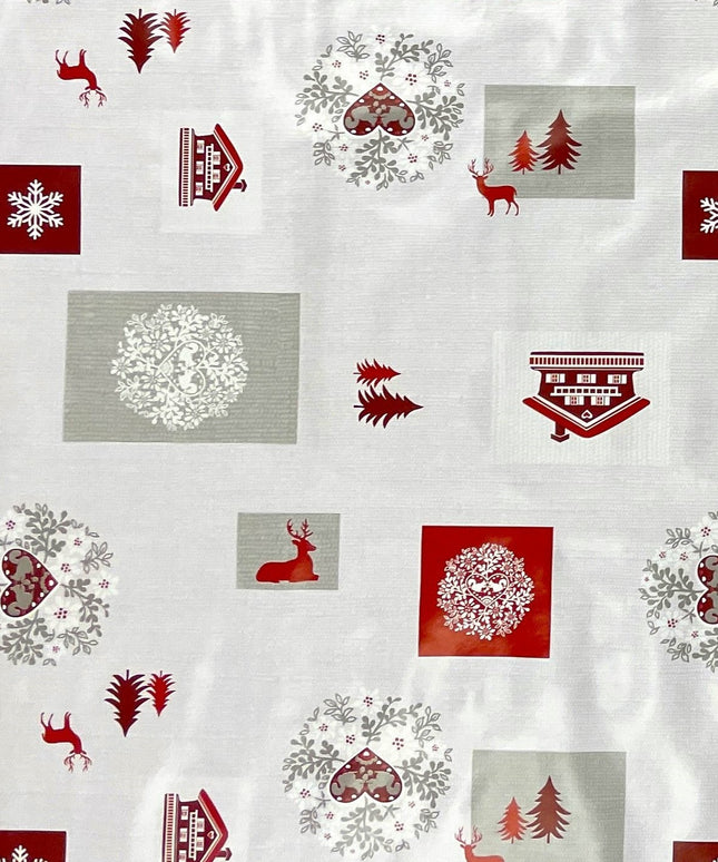 Wachstuch Tischdecke Weihnachten B4017-01 Rentier Schneeflocke rot grau - Größe, Form und Einfassung frei wählbar