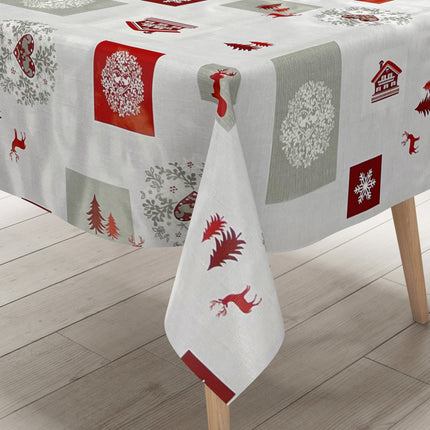 Wachstuch Tischdecke Weihnachten B4017-01 Rentier Schneeflocke rot grau - Größe, Form und Einfassung frei wählbar