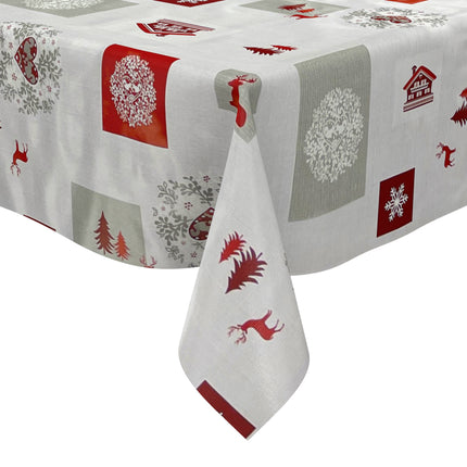 Wachstuch Tischdecke Weihnachten B4017-01 Rentier Schneeflocke rot grau - Größe, Form und Einfassung frei wählbar