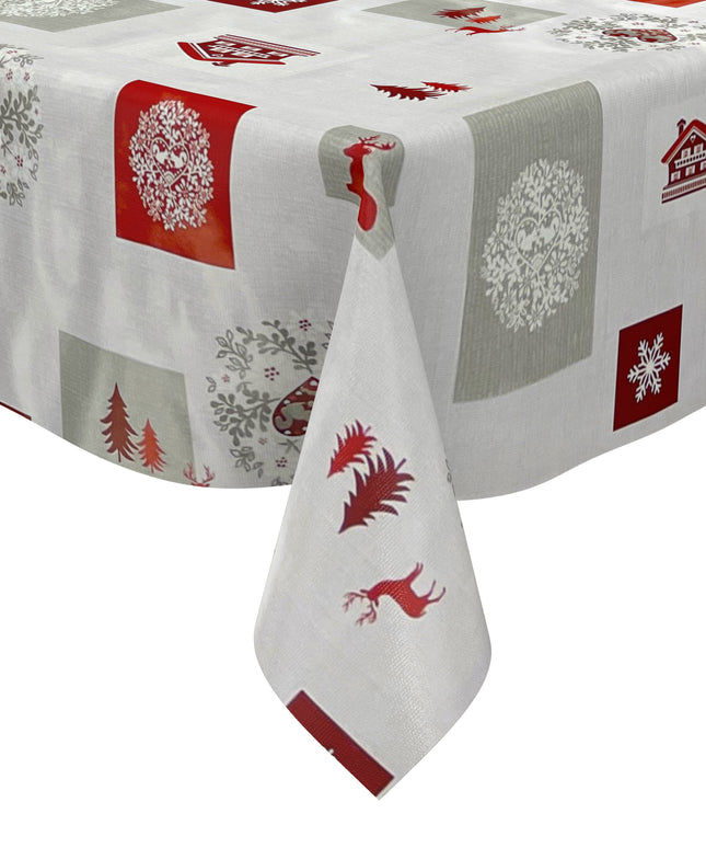 Wachstuch Tischdecke Weihnachten B4017-01 Rentier Schneeflocke rot grau - Größe, Form und Einfassung frei wählbar