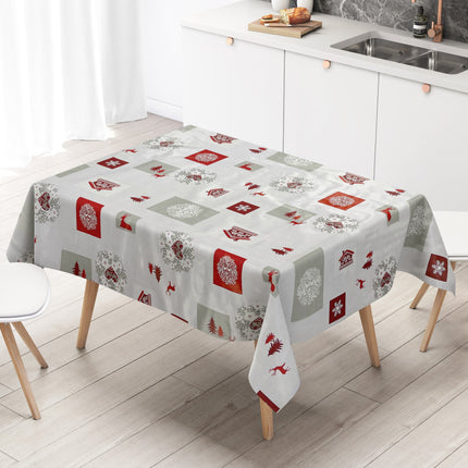 Wachstuch Tischdecke Weihnachten B4017-01 Rentier Schneeflocke rot grau - Größe, Form und Einfassung frei wählbar