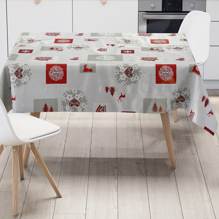 Wachstuch Tischdecke Weihnachten B4017-01 Rentier Schneeflocke rot grau - Größe, Form und Einfassung frei wählbar