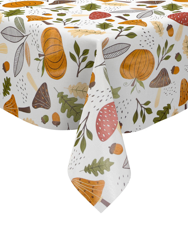 Wachstuch-Tischdecke mit herbstlichem Motiv aus Pilzen, Kürbissen, Eicheln und Blättern in warmen Orange-, Braun- und Grüntönen auf hellem Hintergrund.