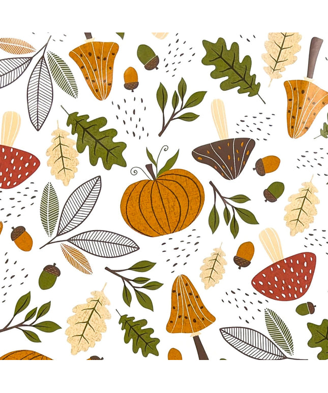 Wachstuch-Tischdecke mit herbstlichem Motiv aus Pilzen, Kürbissen, Eicheln und Blättern in warmen Orange-, Braun- und Grüntönen auf hellem Hintergrund.