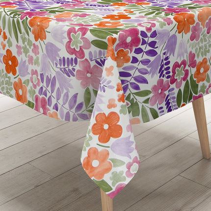 Florale Wachstuch-Tischdecke mit pinken, orangen und violetten Blüten sowie grünen Blättern auf hellem Hintergrund, dichtes und verspieltes Muster für fröhliche und farbenfrohe Tischdekoration