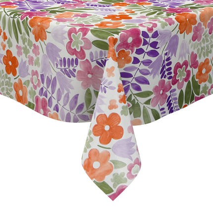 Florale Wachstuch-Tischdecke mit pinken, orangen und violetten Blüten sowie grünen Blättern auf hellem Hintergrund, dichtes und verspieltes Muster für fröhliche und farbenfrohe Tischdekoration