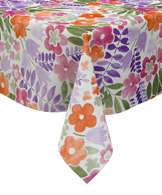 Florale Wachstuch-Tischdecke mit pinken, orangen und violetten Blüten sowie grünen Blättern auf hellem Hintergrund, dichtes und verspieltes Muster für fröhliche und farbenfrohe Tischdekoration
