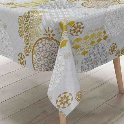 Wachstuch Tischdecke geprägt Weihnachten B5023-01 Schneeflocke gold grau silber - Größe, Form und Einfassung frei wählbar