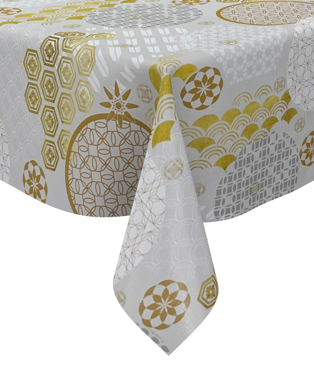 Wachstuch Tischdecke geprägt Weihnachten B5023-01 Schneeflocke gold grau silber - Größe, Form und Einfassung frei wählbar