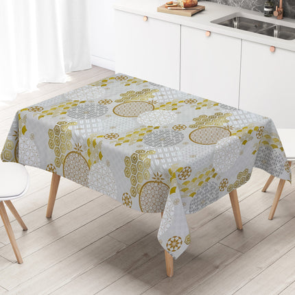 Wachstuch Tischdecke geprägt Weihnachten B5023-01 Schneeflocke gold grau silber - Größe, Form und Einfassung frei wählbar