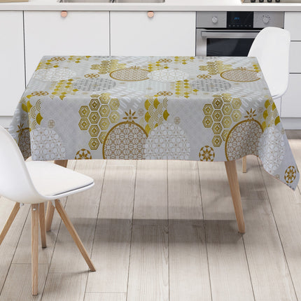 Wachstuch Tischdecke geprägt Weihnachten B5023-01 Schneeflocke gold grau silber - Größe, Form und Einfassung frei wählbar