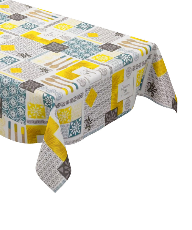 Wachstuch Tischdecke Besteck Küche gelb türkis