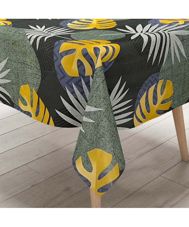 Wachstuch Tischdecke B5054-02 grün gold Dschungel Monstera Palmen eckig rund oval Meterware