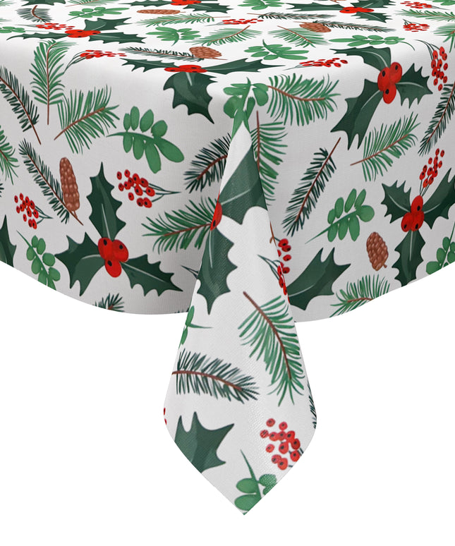 Weihnachtliche Wachstuch-Tischdecke auf weißem Hintergrund mit Tannenzweigen, Tannenzapfen, grünen Blättern und roten Beeren in einem leichten, natürlichen Muster.