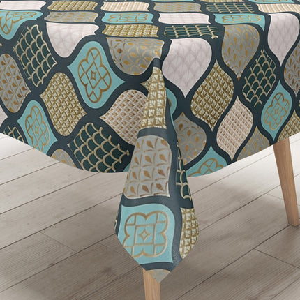 Wachstuch Tischdecke geprägt Weihnachten B6014-03 Zapfen gold türkis petrol - Größe, Form und Einfassung frei wählbar