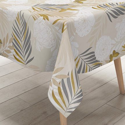 Wachstuch Tischdecke beige mit goldenen Schmetterlingen und Blüten