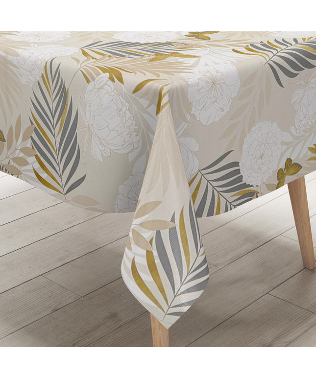 Wachstuch Tischdecke beige mit goldenen Schmetterlingen und Blüten