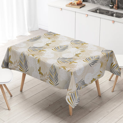 Wachstuch Tischdecke beige mit goldenen Schmetterlingen und Blüten