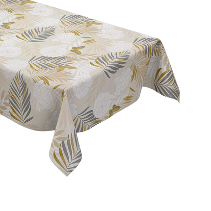 Wachstuch Tischdecke beige mit goldenen Schmetterlingen und Blüten