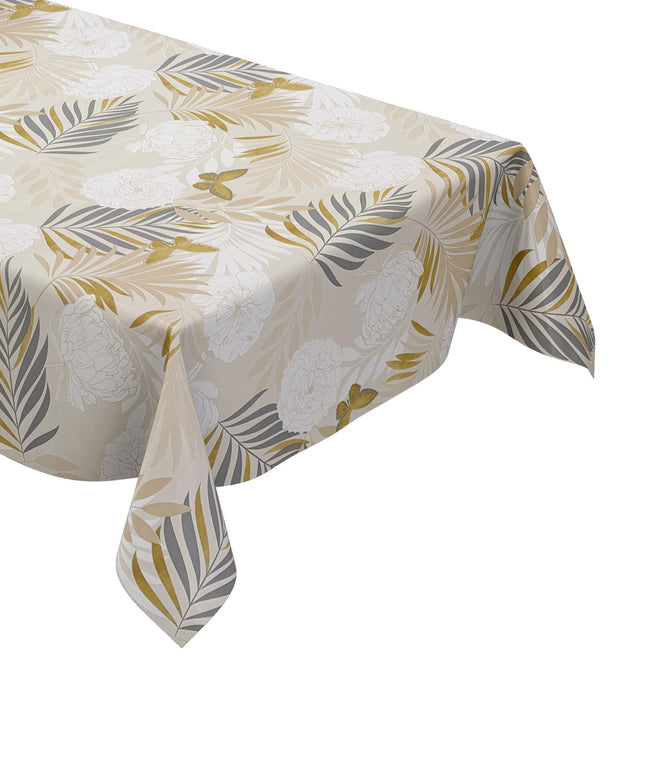 Wachstuch Tischdecke beige mit goldenen Schmetterlingen und Blüten