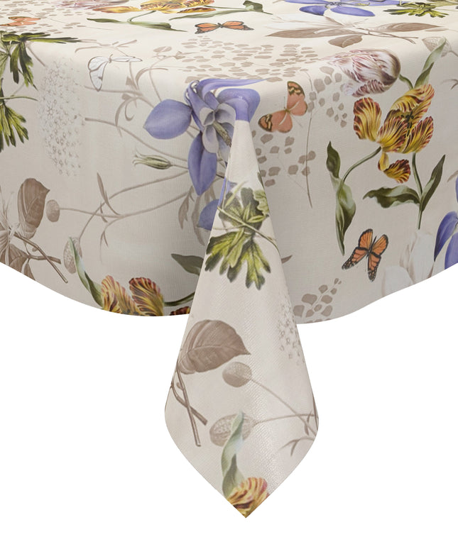 Elegante Wachstuch-Tischdecke mit stilisierten Blüten in Blau, Gelb und Rosa, feinen Blättern und Schmetterlingen auf hellem Hintergrund, ruhiges und harmonisches Naturdesign für dezente Tischdekoration