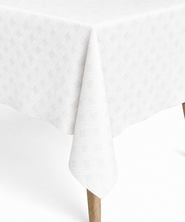 Jacquard Tischdecke aus beschichteter Baumwolle mit Fleckenschutz BENLLIURE weiß Rauten - Größe, Form und Einfassung frei wählbar