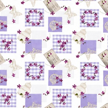 Wachstuch Tischdecke C116-1 Patchwork lila Postkarten Schmetterlinge floral - Größe, Form und Einfassung frei wählbar