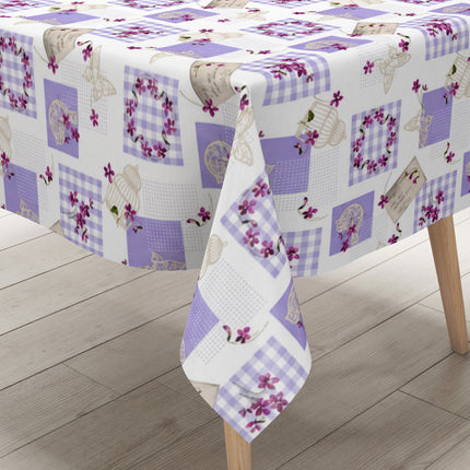 Wachstuch Tischdecke C116-1 Patchwork lila Postkarten Schmetterlinge floral - Größe, Form und Einfassung frei wählbar
