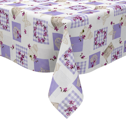 Wachstuch Tischdecke C116-1 Patchwork lila Postkarten Schmetterlinge floral - Größe, Form und Einfassung frei wählbar