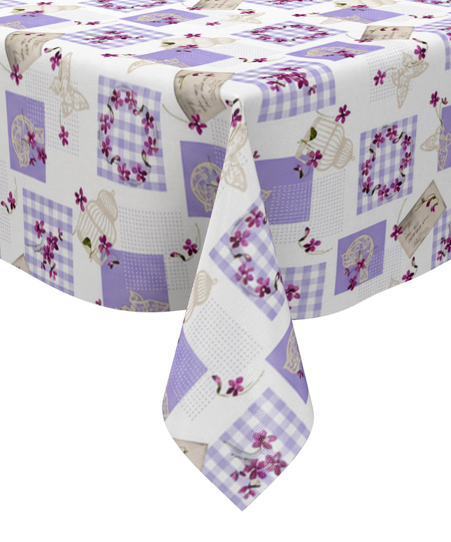 Wachstuch Tischdecke C116-1 Patchwork lila Postkarten Schmetterlinge floral - Größe, Form und Einfassung frei wählbar