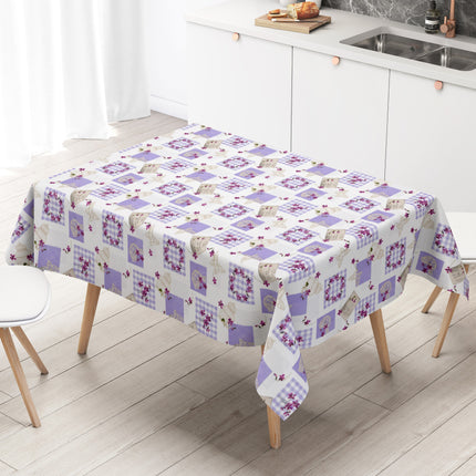 Wachstuch Tischdecke C116-1 Patchwork lila Postkarten Schmetterlinge floral - Größe, Form und Einfassung frei wählbar