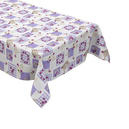 Wachstuch Tischdecke C116-1 Patchwork lila Postkarten Schmetterlinge floral - Größe, Form und Einfassung frei wählbar