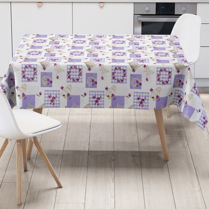 Wachstuch Tischdecke C116-1 Patchwork lila Postkarten Schmetterlinge floral - Größe, Form und Einfassung frei wählbar