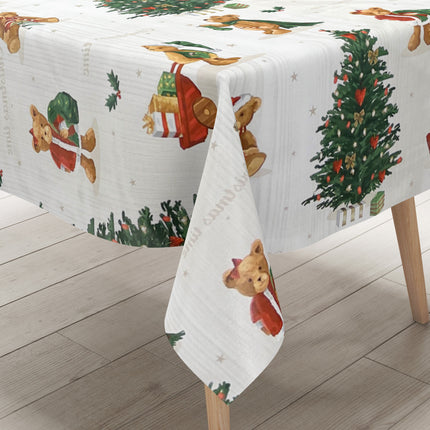 Wachstuch Tischdecke Weihnachten  C141531 Teddy Tannenbaum weiß - Größe, Form und Einfassung frei wählbar