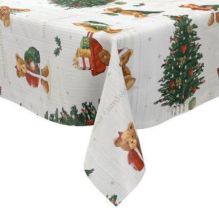 Wachstuch Tischdecke Weihnachten  C141531 Teddy Tannenbaum weiß - Größe, Form und Einfassung frei wählbar