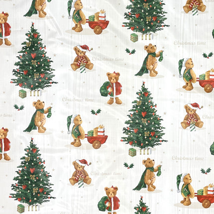 Wachstuch Tischdecke Weihnachten  C141531 Teddy Tannenbaum weiß - Größe, Form und Einfassung frei wählbar