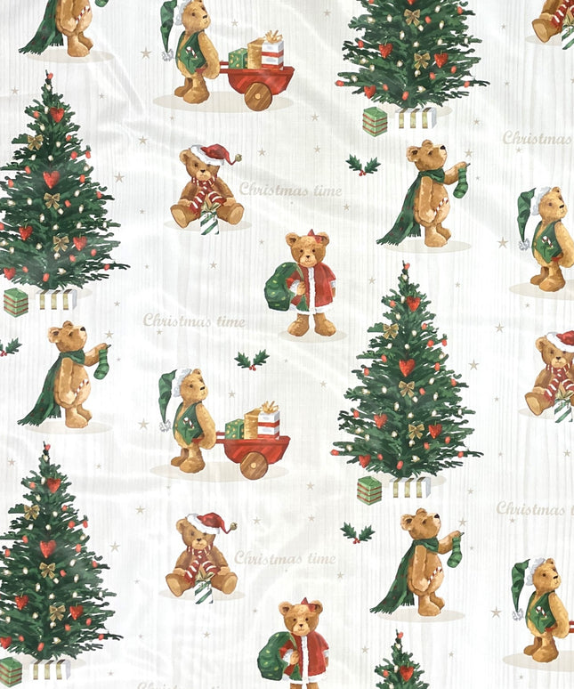 Wachstuch Tischdecke Weihnachten  C141531 Teddy Tannenbaum weiß - Größe, Form und Einfassung frei wählbar
