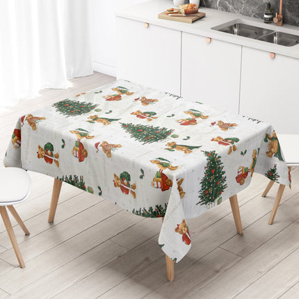 Wachstuch Tischdecke Weihnachten  C141531 Teddy Tannenbaum weiß - Größe, Form und Einfassung frei wählbar