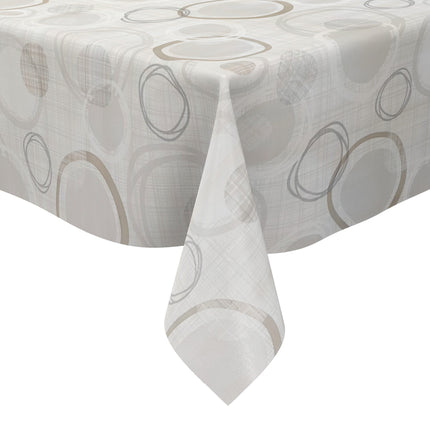 Moderne Wachstuch-Tischdecke mit abstraktem Kreismuster in Beige-, Grau- und Cremetönen auf heller Leinenoptik.