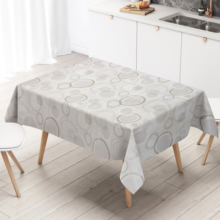 Moderne Wachstuch-Tischdecke mit abstraktem Kreismuster in Beige-, Grau- und Cremetönen auf heller Leinenoptik.