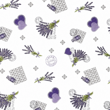 Wachstuch-Tischdecke mit romantischem Lavendel-Motiv auf weißem Hintergrund. Das Design zeigt Lavendelsträuße, lilafarbene Herzen, kleine Lavendelöl-Fläschchen, florale Ornamente und dekorative Vintage-Schriftzüge. Die wasserabweisende Tischdecke fällt gleichmäßig über die Kanten eines rechteckigen Tisches und ist vor weißem Hintergrund freigestellt dargestellt.
