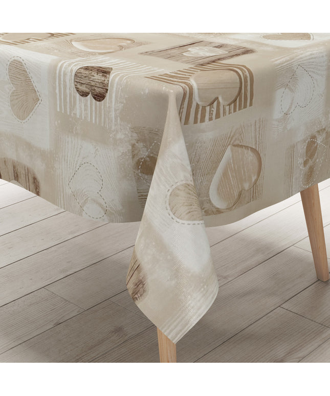 Wachstuch Tischdecke Holz Herzen beige
