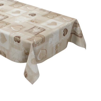 Wachstuch Tischdecke Holz Herzen beige