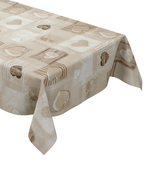 Wachstuch Tischdecke Holz Herzen beige