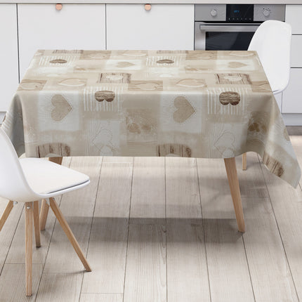 Wachstuch Tischdecke Holz Herzen beige