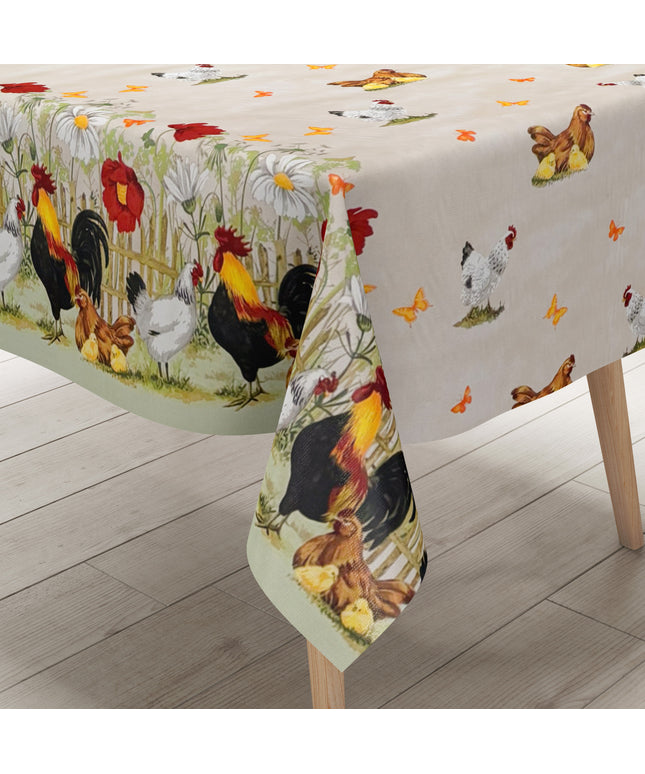 Wachstuch Tischdecke Bauernhof Hühner beige